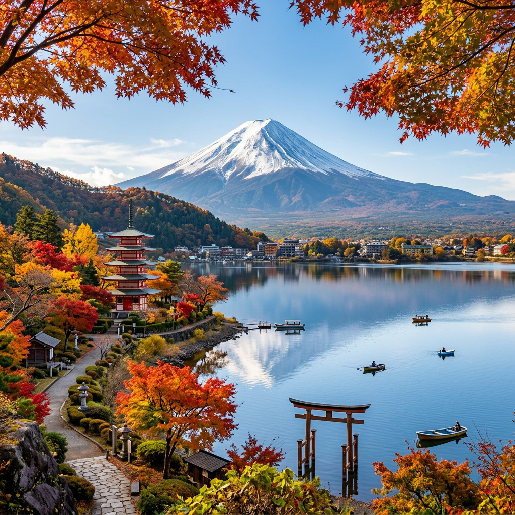 Mount Fuji with snow-covered peak overlooking Lake Kawaguchi surrounded by autumn trees, a red pagoda, torii gate, and boats on the water