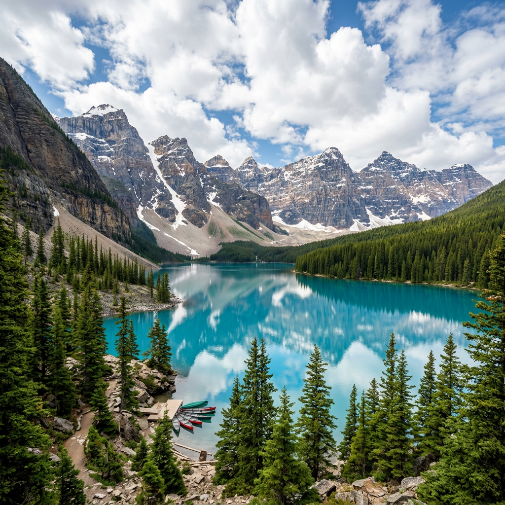 Turquoise glacial lake surrounded by evergreen trees and snow-covered mountains under partly cloudy sky