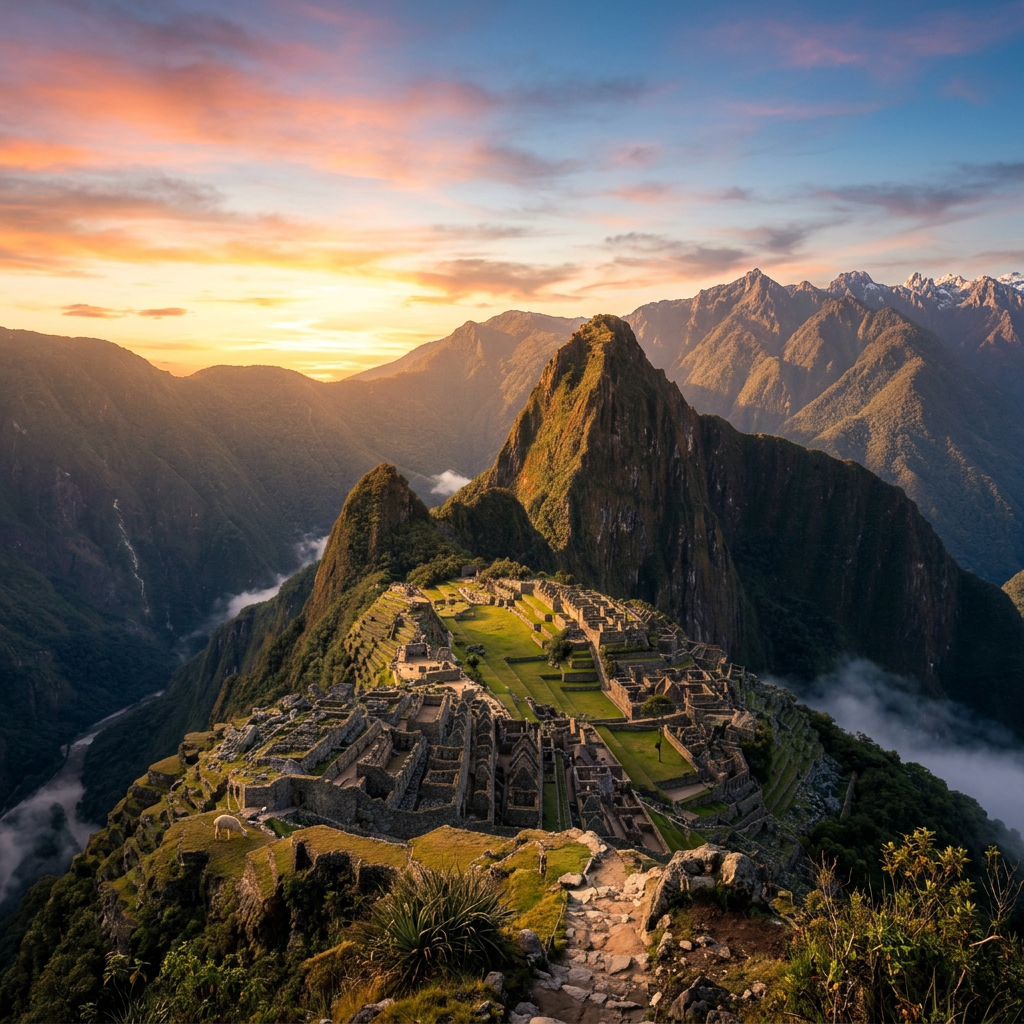 Ancient stone ruins of Machu Picchu with surrounding mountain peaks at sunrise