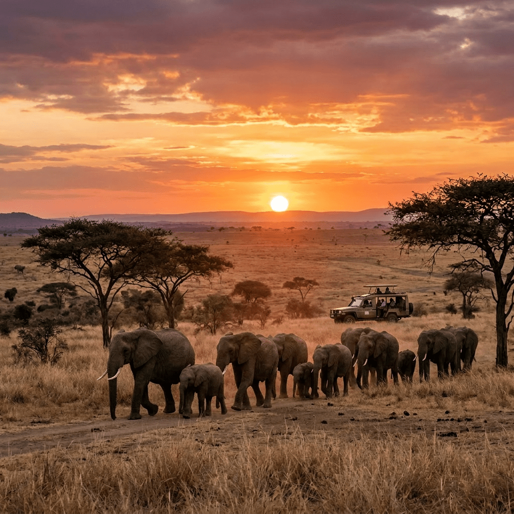 Elephant herd walking on savannah with sunset in background