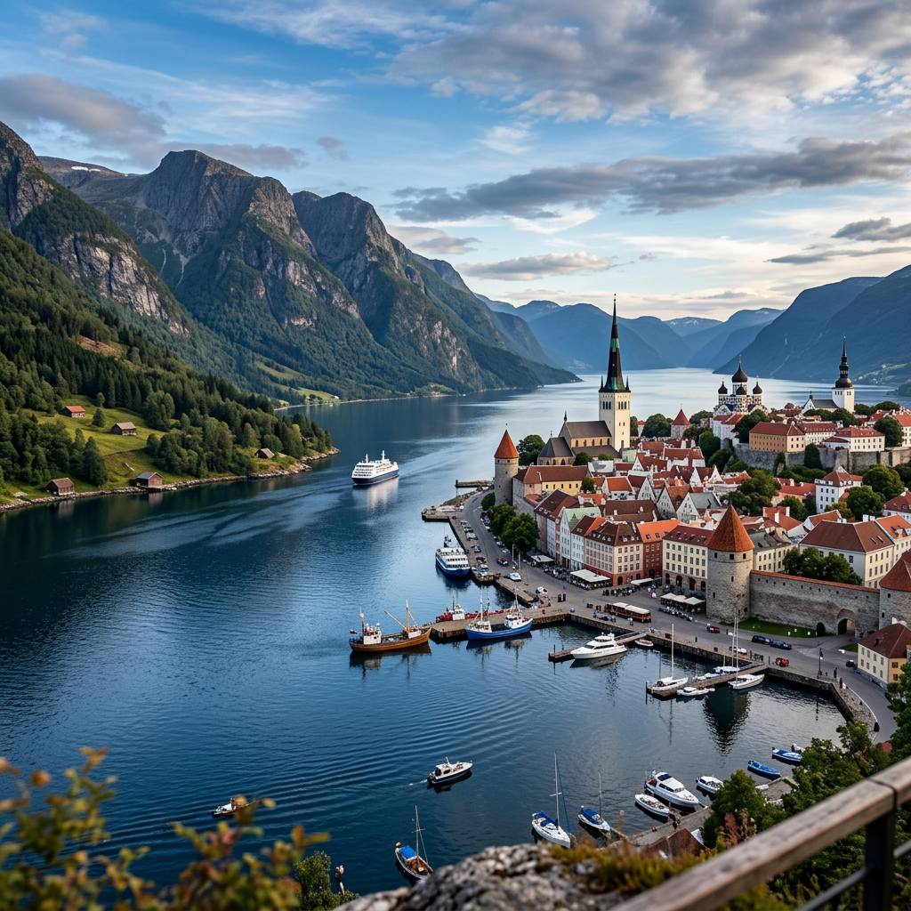 Town with red-roofed buildings and church steeples along a fjord surrounded by mountains and boats in the water