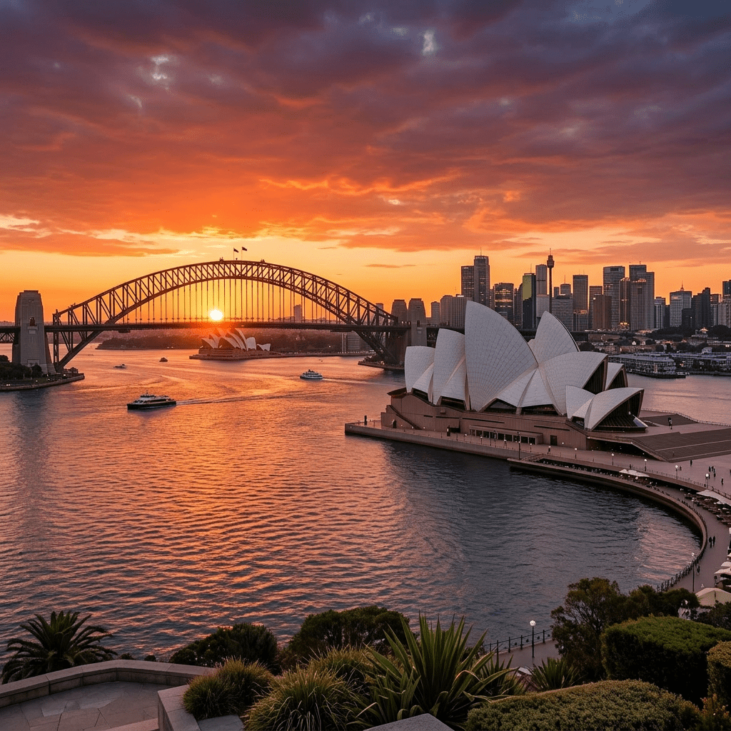 Sydney Opera House surrounded by dry outback vegetation under a dramatic sunset sky