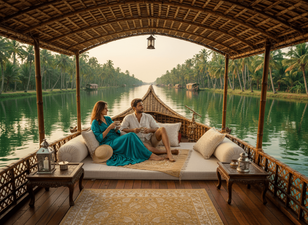 Cinematic, high-end travel photograph of a traditional Kerala kettuvallam (houseboat) cruising through emerald green backwaters at golden hour, palm trees reflecting in the water, a stylish couple relaxing on the deck with soft warm light and luxe details, editorial magazine style, no text