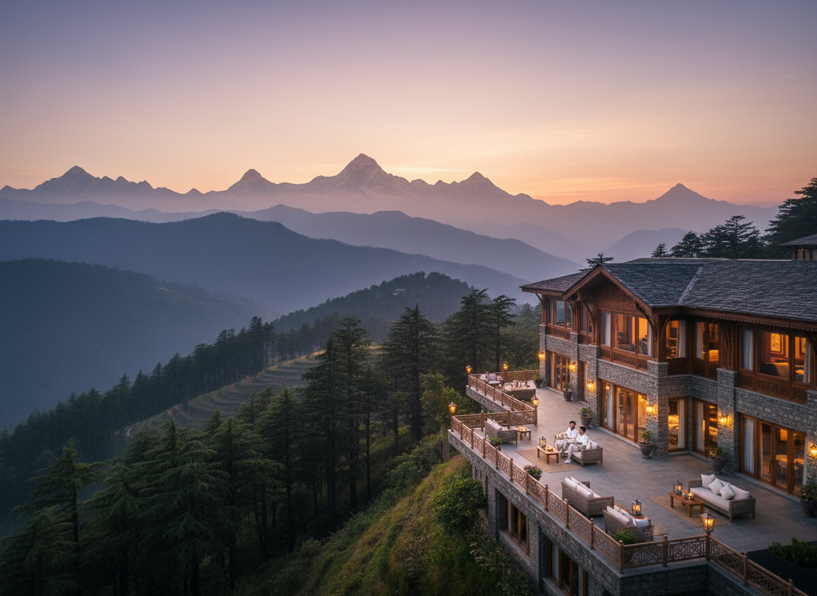 Cinematic, ultra-luxury hotel in Shimla on a ridge at golden hour, with cedar-covered hills and distant snow peaks, warm lights glowing from windows, refined terrace seating and layered mountain silhouettes under a soft pastel sky