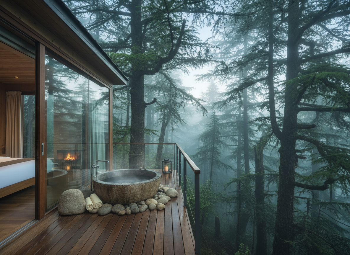 Cinematic, ultra-luxury travel photograph of a serene Himalayan cedar forest spa retreat in Mashobra, a glass-walled suite opening onto ancient deodar trees draped in morning mist, a stone soaking tub on a private wooden deck suspended above the forest floor, soft diffused light, deep green forest atmosphere, editorial magazine style, no text