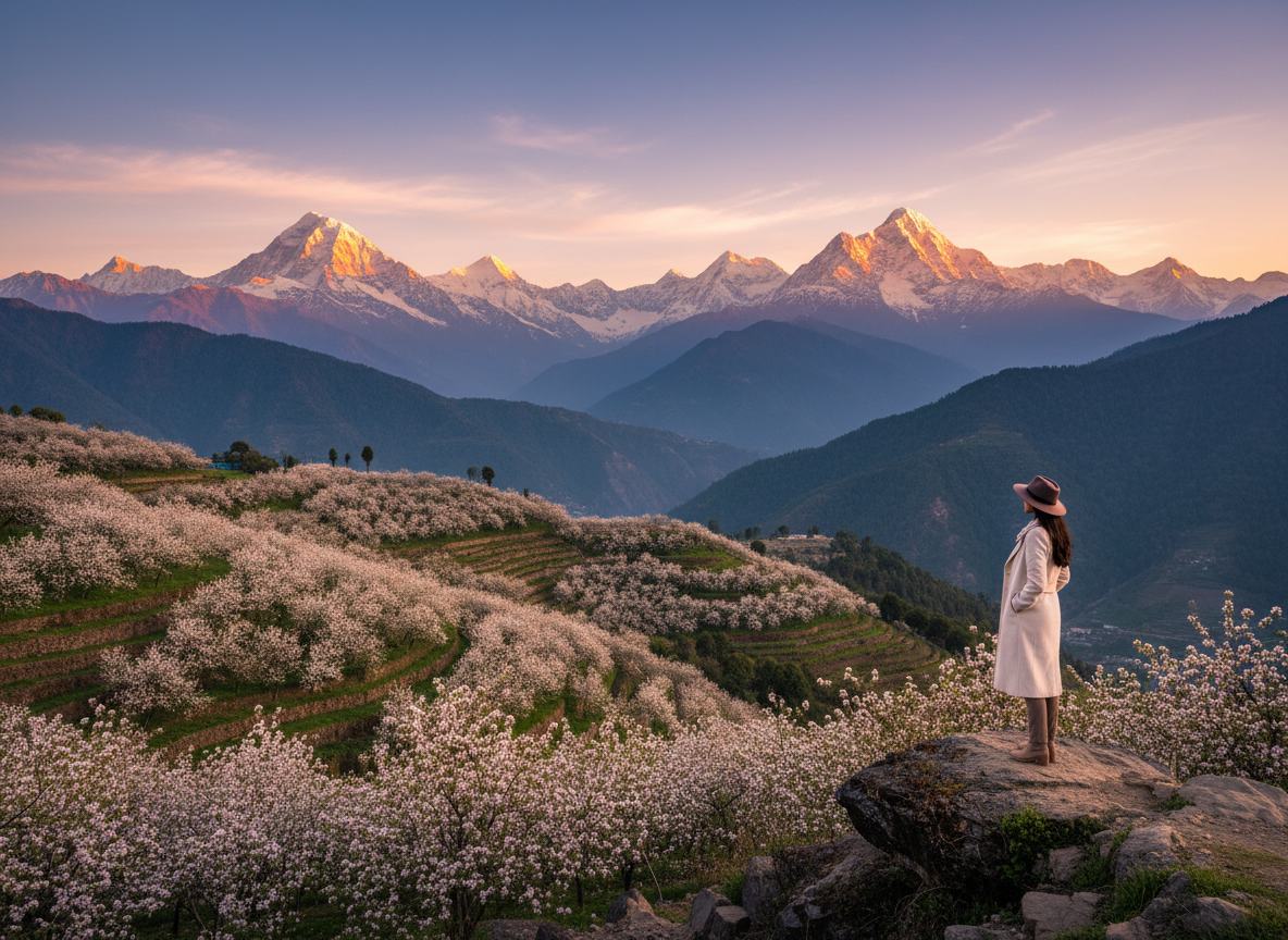 Cinematic, ultra-luxury travel photograph of high Himalayan ridges above Narkanda, terraced apple orchards in full blossom cascading down a hillside, snow-tipped peaks glowing in warm golden-hour light on the horizon, a lone elegant traveller at a scenic viewpoint, vast open sky, editorial magazine style, no text