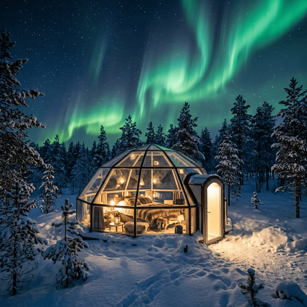 Glass igloo glowing warmly at night in snowy forest with northern lights overhead