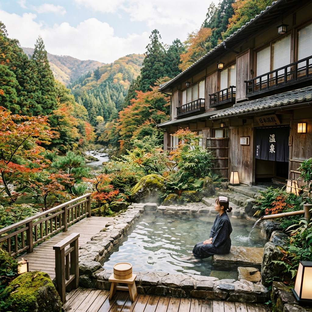 Woman sitting in an outdoor hot spring pool at a traditional Japanese inn surrounded by autumn trees and mountains