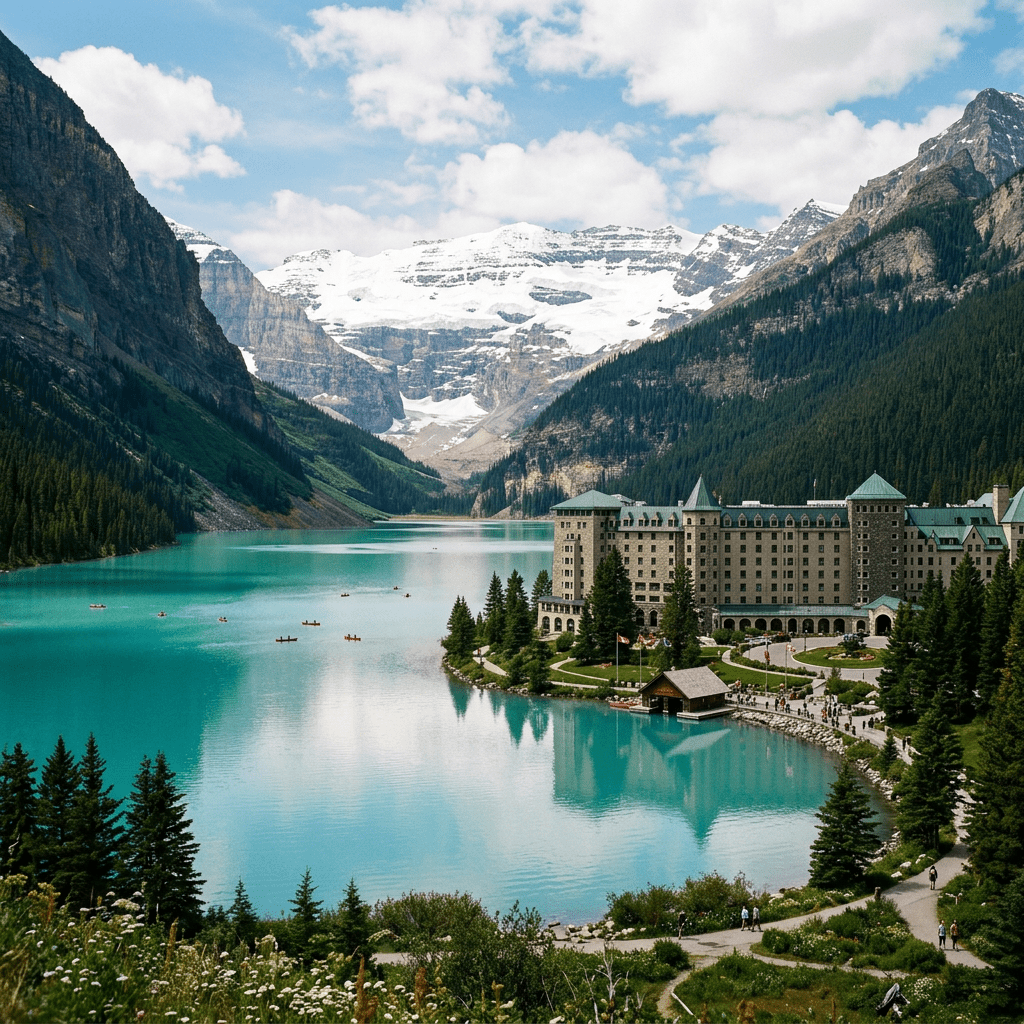 Turquoise alpine lake with hotel and snow-capped mountains